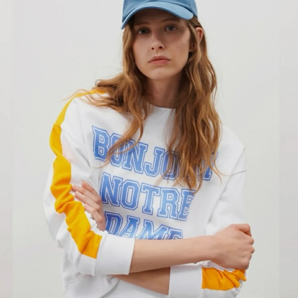Zara “Bonjour Notre Dame” White Contrast Sweatshirt bloggers favorite - Picture 4 of 10